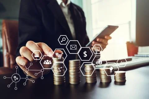Business hand using laptop, tablet and smartphone in office. Digital market.. Stock Photos