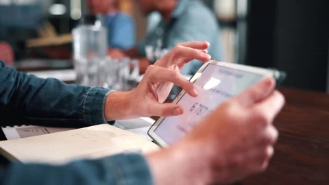 Business, hands and analytics with tablet screen in office for performance Video stock 338005209