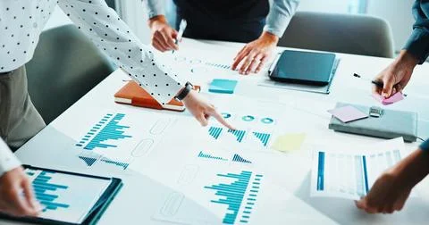 Business, hands and pointing with documents for analytics, performance meeting Stock Photos