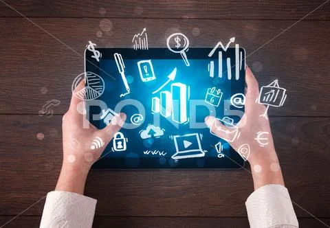Business hands working on tablet Stock Photos