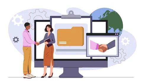 Business handshake and data exchange concept. Vector illustration Illustrazione stock