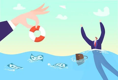 Business help for sinking man, rescue businessman crisis in sea concept, vector Stock Illustration