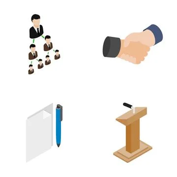 Business hierarchy, handshake, documents, and tribune icons Stock Illustration