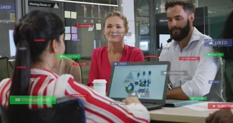 Business host tapping pad sharing laptop chart insights in meeting while Stock Footage 329946220