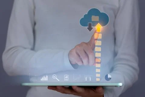 Business human doing cloud uploading on tablet, business infographics and gra Stock-Fotos