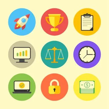 Business icon rocket cup document monitor graph scales watch laptop padlock m Stock Illustration