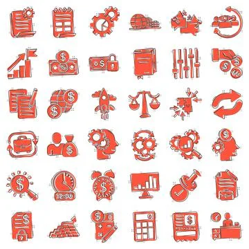 Business icon set in comic style. Money, people, document cartoon vector illu 스톡 일러스트