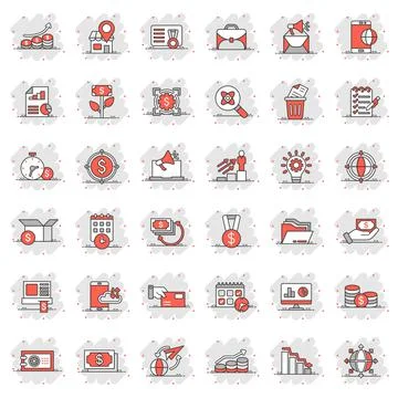 Business icon set in comic style. Make money cartoon vector illustration on w Stock-Illustration