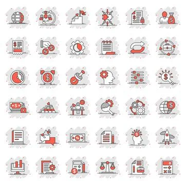 Business icon set in comic style. Money, people, document cartoon vector illu Stockillustratie