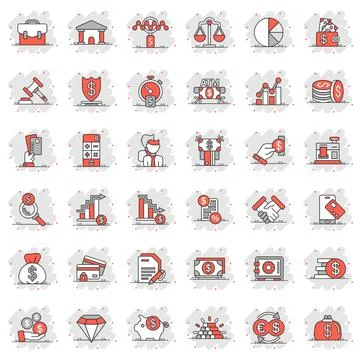 Business icon set in comic style. Finance investment cartoon vector illustrat Stockillustratie