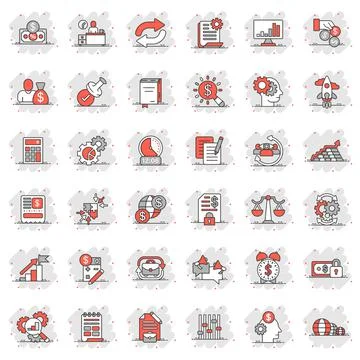 Business icon set in comic style. Money, people, document cartoon vector illu 스톡 일러스트