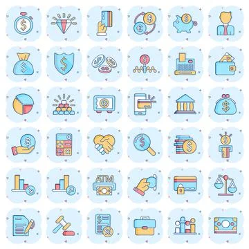 Business icon set in comic style. Finance investment cartoon vector illustrat Illustrazione stock