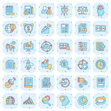 Business icon set in comic style. Money, people, document cartoon vector illu Stock Illustration