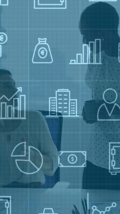 Business icons and data analytics animation over two colleagues discussing in Stock Footage 341976272