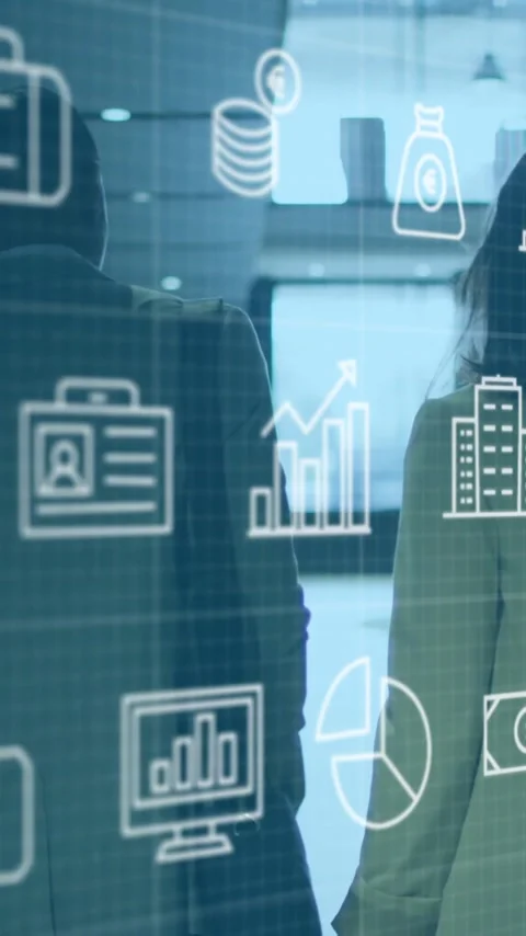 Business icons and data analytics animation over people walking in office Stock Footage 342015633
