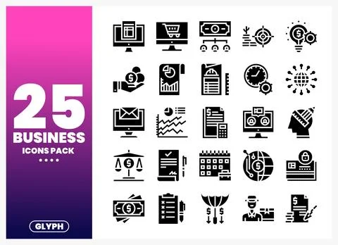 Business icons pack displayed on a gradient background with glyph technology. Stock Illustration