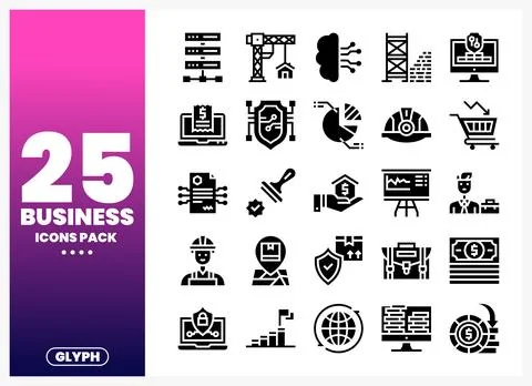 Business icons pack featuring server racks. construction crane. and brain n.. Stock-Illustration