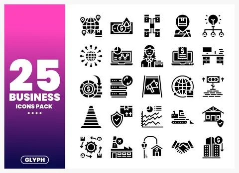 Business icons pack on a gradient background with a glyph label Stock Illustration