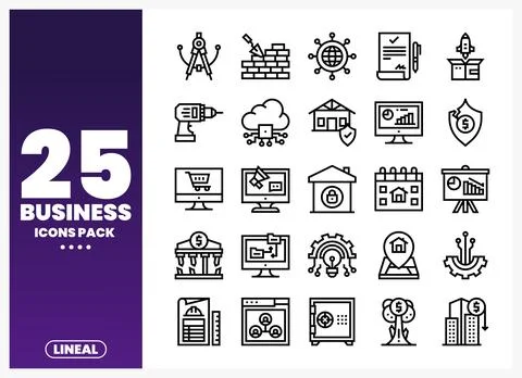 Business icons pack presented on a gradient purple and white background Stock Illustration