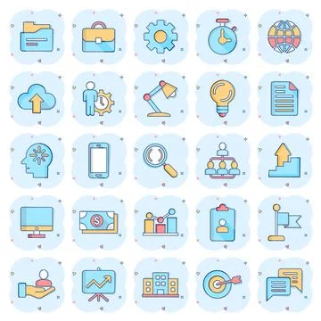 Business icons set in comic style. Finance strategy cartoon vector illustrati Stockillustratie