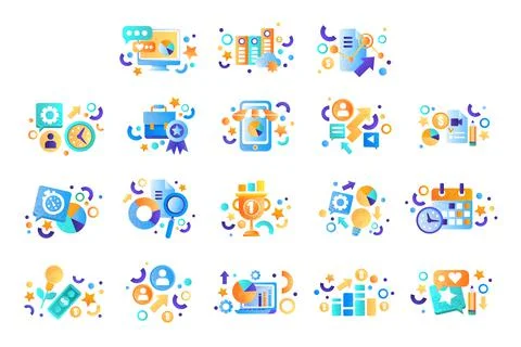 Business Icons Set, Creative Process, Management, Finance, Strategy, Marketing Stock Illustration
