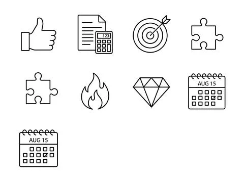 Business icons set: thumbs up, document with calculator, target, puzzle pie.. Stock Illustration