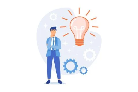 Business idea generation. Plan development. Pensive man with lightbulb cart.. Illustrazione stock