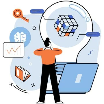 Business idea. It involves gathering and analyzing data, assessing market trends Stock Illustration