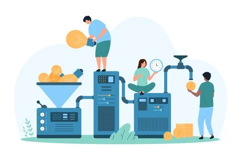 Business idea monetization, tech startup, tiny people make money, monetize ideas 스톡 일러스트