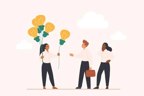 Business idea share, support in solving problem, woman offering bright light Stock Illustration