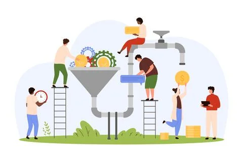 Business ideas optimization, monetization, tiny people make money from creative Stock Illustration