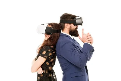 Business implement modern technology. Couple colleagues wear hmd explore virtual Fotos de archivo