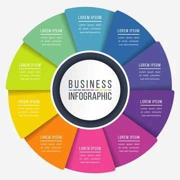 Business Infographic 10 Steps, objects, elements or options info design template Stock Illustration