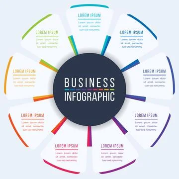 Business Infographic design 9 steps, objects, elements or options infographic Stock Illustration