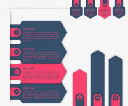 Business Infographics elements, 1, 2, 3, 4 steps, growth arrows in blue and r Stock Illustration