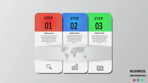 Business infographics in the form of colored rectangles with text and icons. EPS Stock Illustration