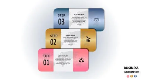 Business infographics in the form of colored rectangles with text and icons. EPS Stock Illustration