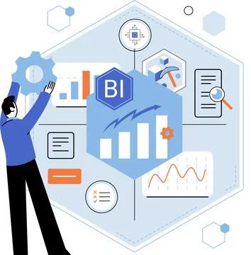 Business intelligence. Analysis helps in understanding market trends and Illustrazione stock