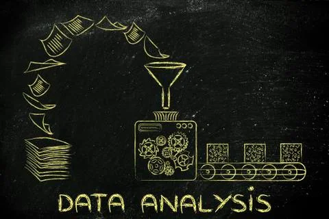 Business intelligence and data analysis: factory machines turning unorganized イラスト素材