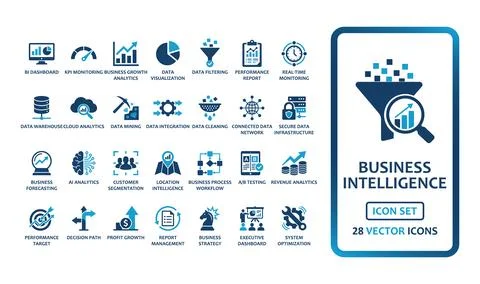Business Intelligence and Data Analytics solid icon set. Featuring 28 vecto.. Stock Illustration