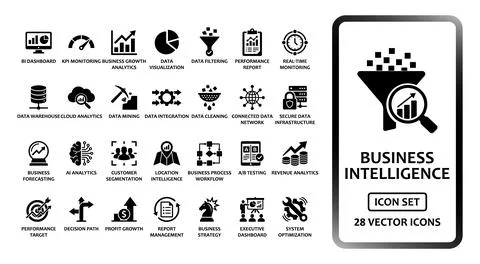 Business Intelligence and Data Analytics solid icon set containing 28 vecto.. Stockillustratie