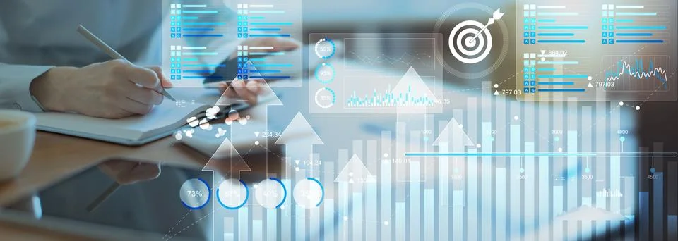 Business Intelligence and Data Analytics Dashboard on a Digital Tablet Interf Stock Photos