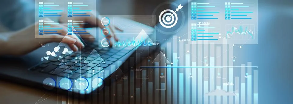 Business Intelligence and Data Analytics Dashboard on a Digital Tablet Interf Stock Photos