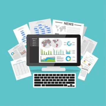 Business intelligence dashboard application. Data visualization on desktop sc Stock Illustration