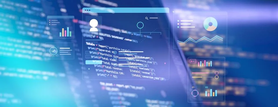 Business Intelligence Dashboard with Data Analytics and Programming Code Stock Photos