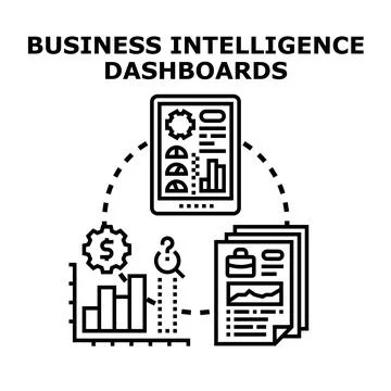 Business intelligence dashboards visualizing data analytics management Stockillustratie