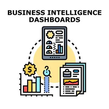 Business intelligence dashboards visualizing data analytics management Stock Illustration