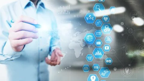 Business intelligence, Data analysis dashboard with icons charts and diagram on Stock Photos