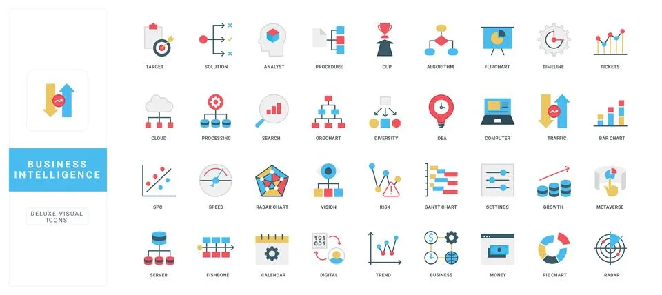 Business intelligence, data and information analysis, decision algorithms color Stockillustratie