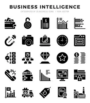 Business Intelligence elements. Glyph web icon set. Simple vector illustratio Stock Illustration